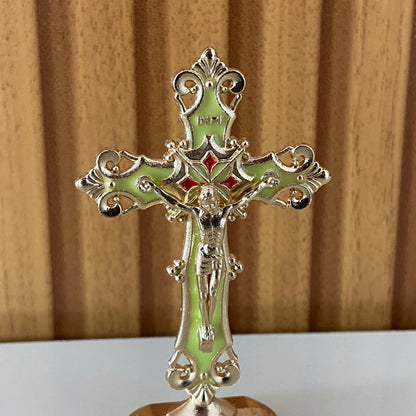 CRUCIFIXO PARA CARRO VERDE E DOURADO (12 UNIDADES)