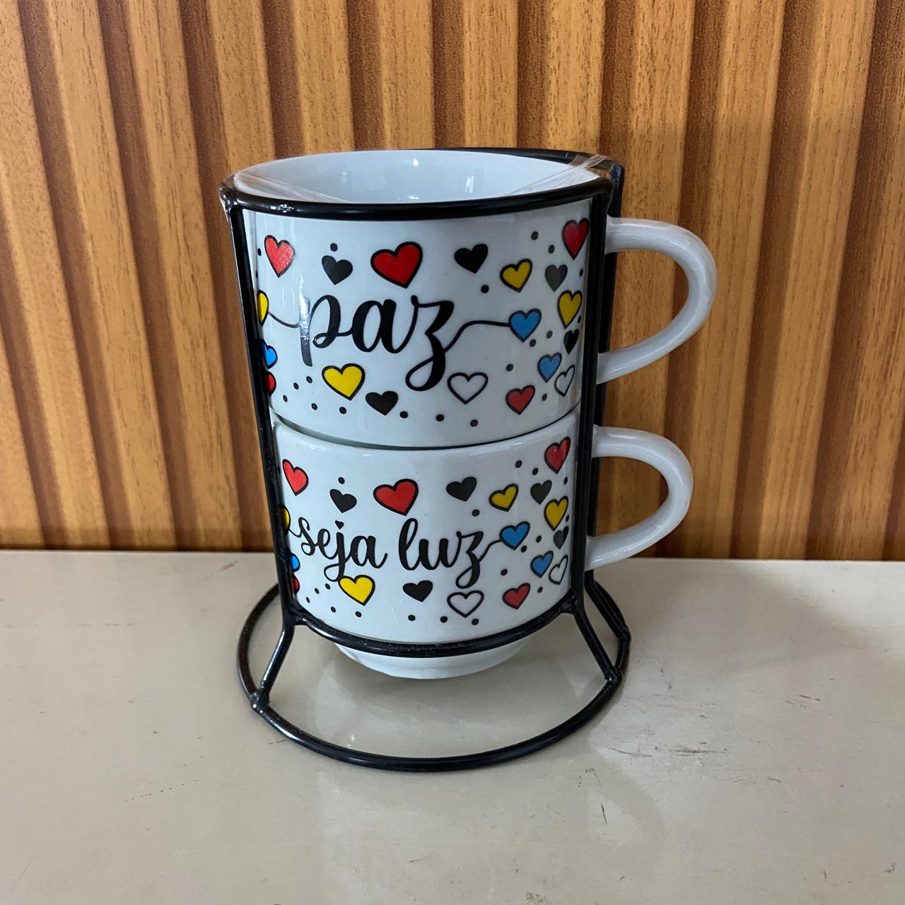 XÍCARA BRANCA EMPILHÁVEL SEJA LUZ E AMOR  ( 2 UNIDADES)
