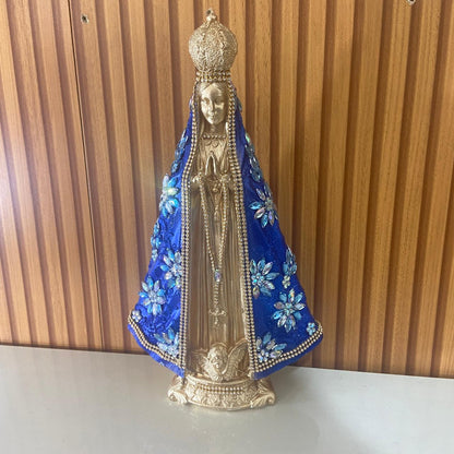 IMAGEM DE GESSO NOSSA SENHORA APARECIDA DOURADA E AZUL COM STRASS E PEDRARIA 33CM MOD 1  (1 UNIDADE)