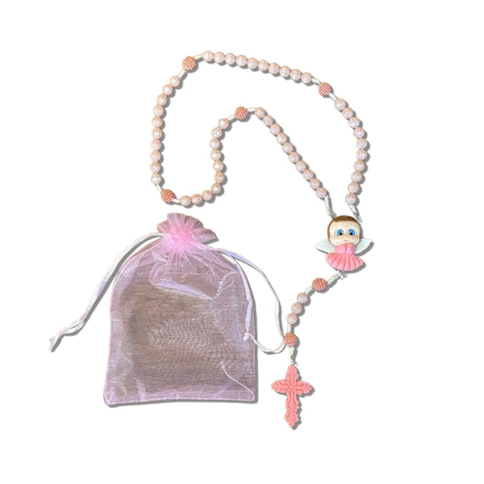 TERÇO PÉROLA ROSA ANJINHO ROSA DE BISCUIT (1 UNIDADE)