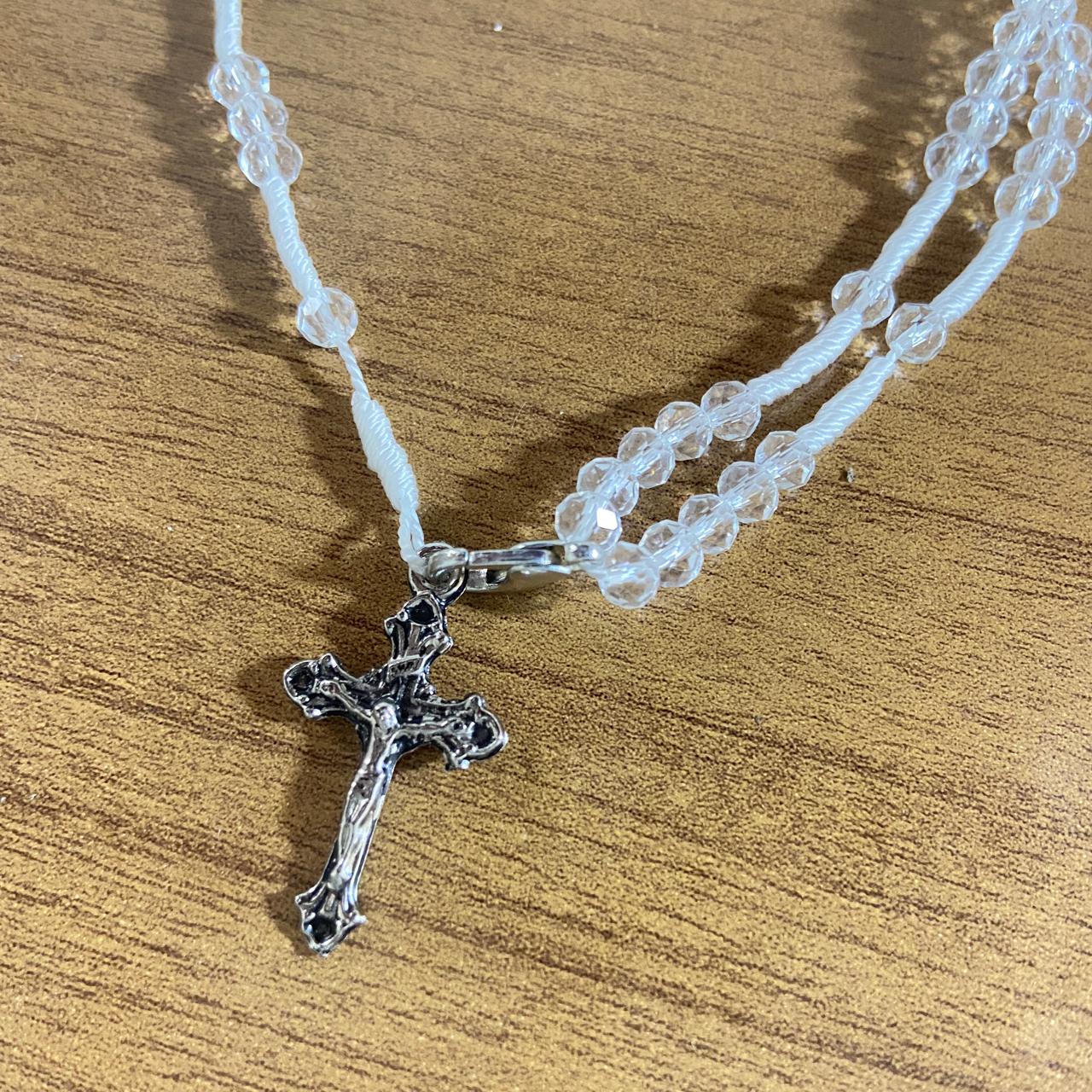TERÇO PULSEIRA CRISTAL TRANSPARENTE COM MEDALHA RESINADA SÃO MIGUEL ARCANJO  (3 UNIDADES)