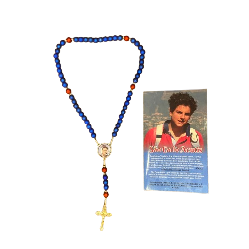 TERÇO PÉROLA AZUL COM MEDALHA RESINADA SÃO CARLO ACUTIS  8MM (1 UNIDADE)