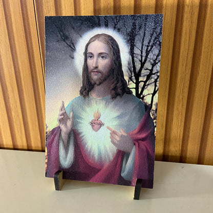 PLAQUINHA DE MESA MDF RESINADO SAGRADO CORAÇÃO DE JESUS  19CM x 13CM  (1 UNIDADE)