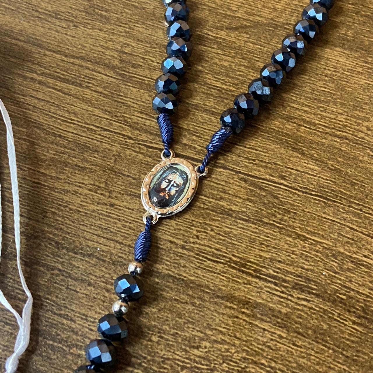 TERÇO CRISTAL AZUL PETRÓLEO SAGRADA FACE 8MM (1 UNIDADE)