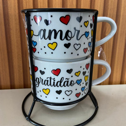 XÍCARA BRANCA EMPILHÁVEL AMOR E GRATIDÃO ( 2 UNIDADES)