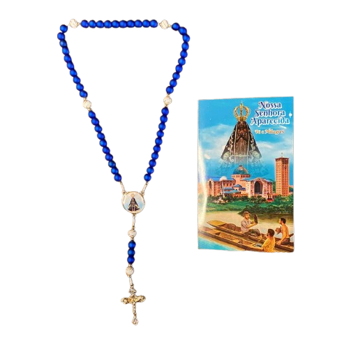 TERÇO PÉROLA AZUL COM MEDALHA RESINADA NOSSA SENHORA APARECIDA 6MM (1 UNIDADE)
