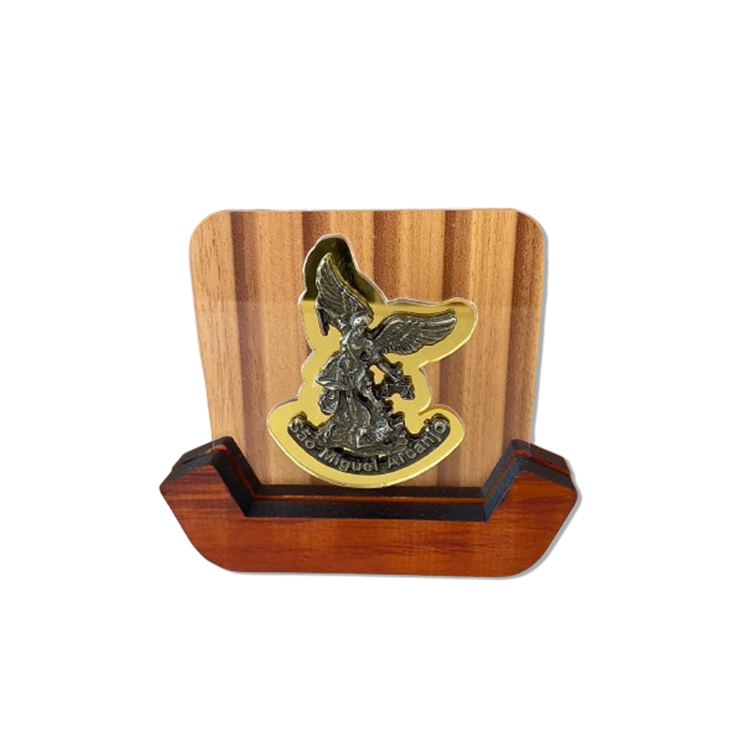 IMAGEM DE MESA METAL OURO VELHO SÃO MIGUEL ARCANJO NO ACRÍLICO E BASE DE MADEIRA 10,7CM (1 UNIDADE)