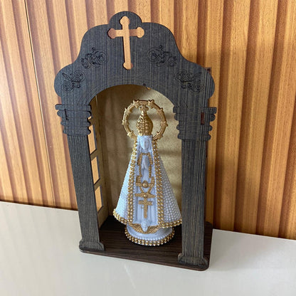 ORATÓRIO DE PAREDE E MESA MDF + IMAGEM DE PLÁSTICO NOSSA SENHORA APARECIDA BRANCA COM STRASS 15CM (1 UNIDADE)