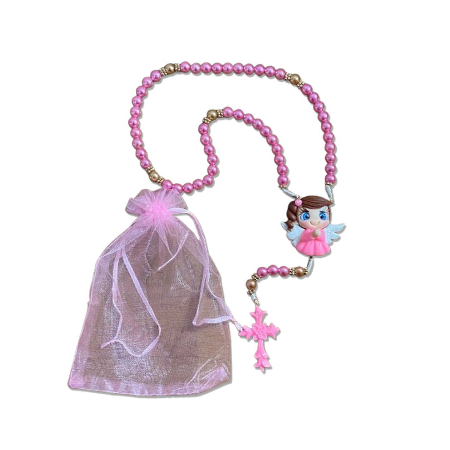 TERÇO PÉROLA ROSA ANJINHO ROSA DE BISCUIT (1 UNIDADE)