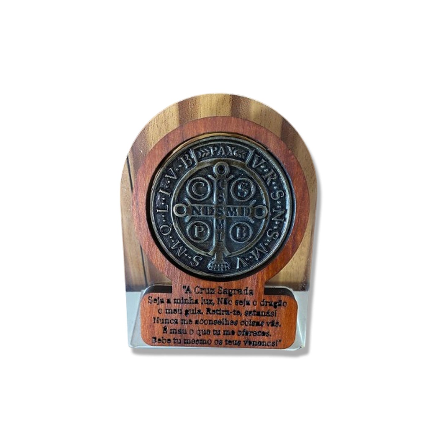 ADORNO DE MESA ACRÍLICO E MADEIRA COM ORAÇÃO MEDALHA SÃO BENTO METAL OURO VELHO 12CM (1 UNIDADE)