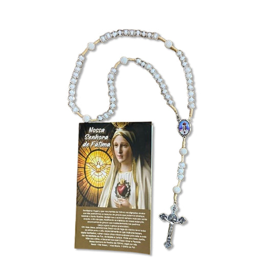 TERÇO ACRÍLICO BRANCO COM FECHO NOSSA SENHORA DE FÁTIMA MOD2 08MM (1 UNIDADE)