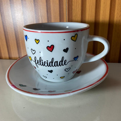 XÍCARA COM PIRES FELICIDADE MOD2 200ML (1 UNIDADE)
