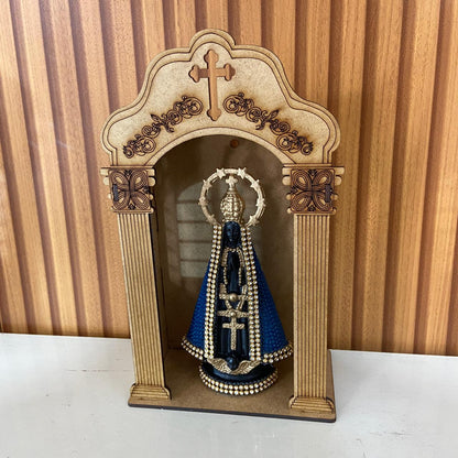 ORATÓRIO DE PAREDE E MESA MDF + IMAGEM DE PLÁSTICO NOSSA SENHORA APARECIDA AZUL COM STRASS 15CM (1 UNIDADE)