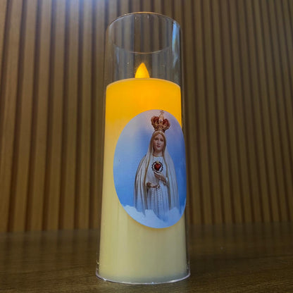 VELA ELETRÔNICA NO COPO DE ACRÍLICO NOSSA SENHORA DE FÁTIMA  15CM (1 UNIDADE)