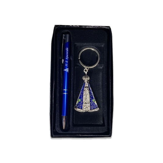 KIT CANETA COM CHAVEIRO NOSSA SENHORA APARECIDA AZUL ( 1 UNIDADE)