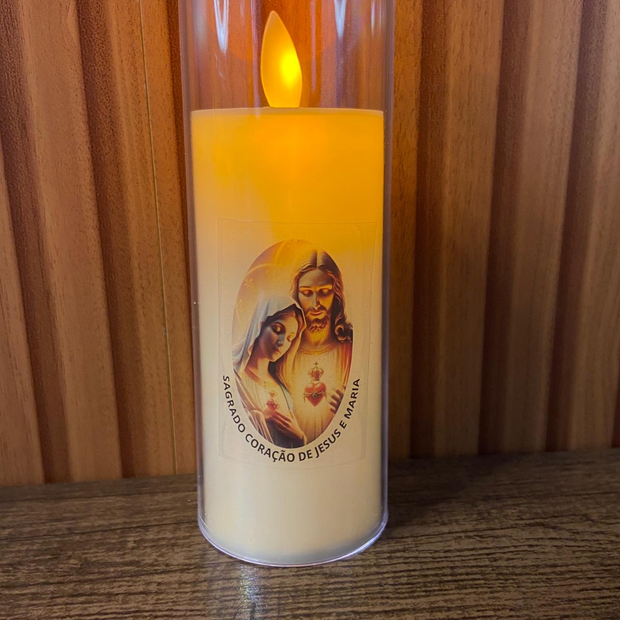 VELA ELETRÔNICA NO COPO DE ACRÍLICO SAGRADO CORAÇÃO DE JESUS E IMACULADO CORAÇÃO DE MARIA 15CM (1 UNIDADE)