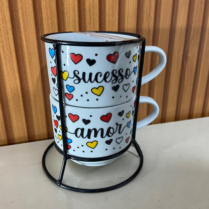 XÍCARA BRANCA EMPILHÁVEL SUCESSO E AMOR ( 2 UNIDADES)