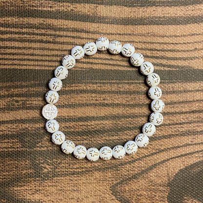PULSEIRA DE MADEIRA BRANCA CONTAS DECORADAS CRUZ  NOSSA SENHORA APARECIDA  (06 UNIDADES)