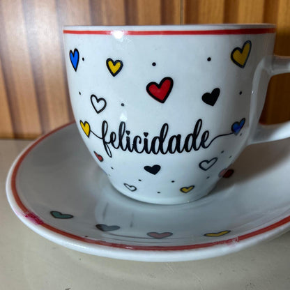 XÍCARA COM PIRES FELICIDADE MOD2 200ML (1 UNIDADE)