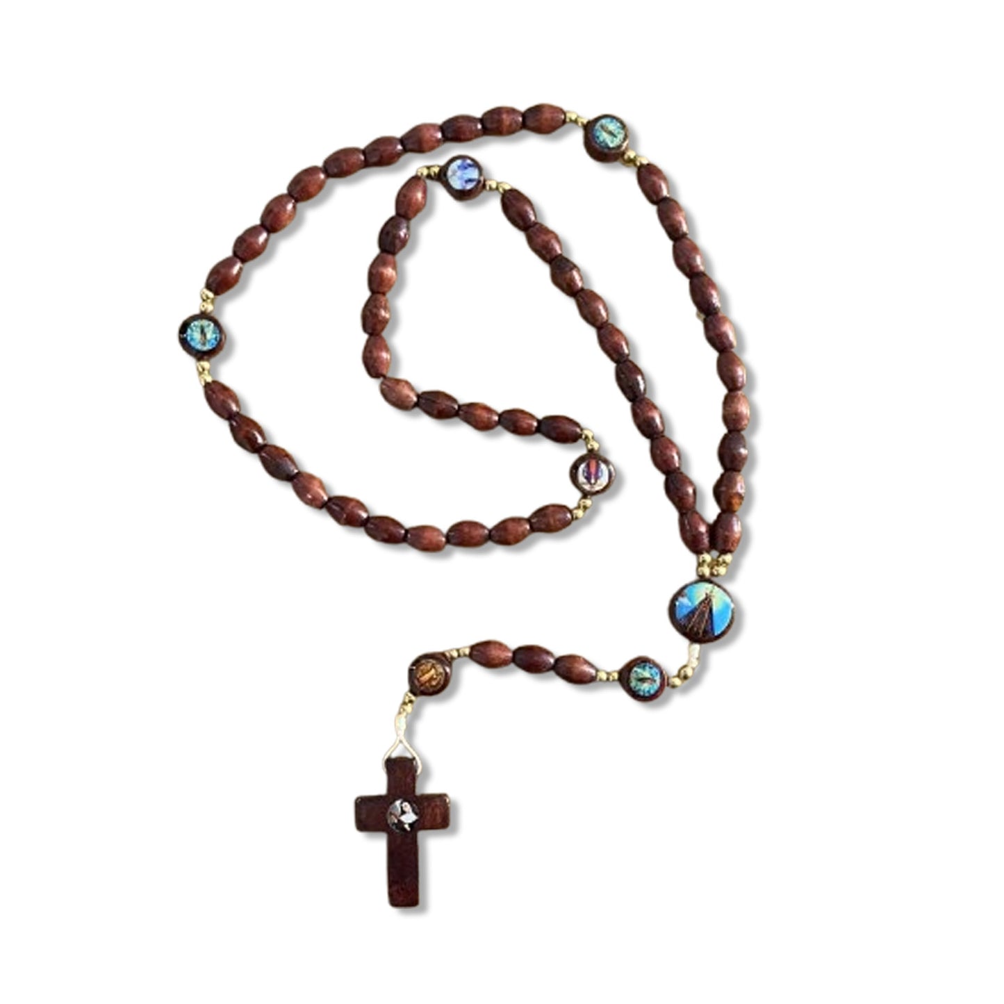 TERÇO DE MADEIRA SANTOS SORTIDOS 7 MEDALHAS  (12 UNIDADES)