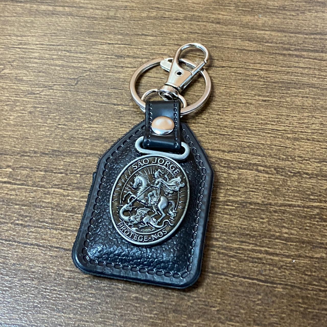 CHAVEIRO COURO COM MOSQUETE SÃO JORGE PRATA VELHA ( 6 UNIDADES)