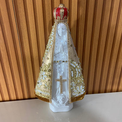 IMAGEM DE GESSO NOSSA SENHORA APARECIDA BRANCA MANTO DOURADO COM STRASS MOD2 31CM (1 UNIDADE)