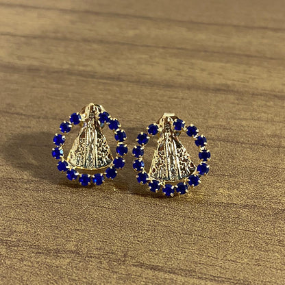PAR BRINCOS DOURADOS NOSSA SENHORA APARECIDA COM STRASS AZUL (1 UNIDADE)