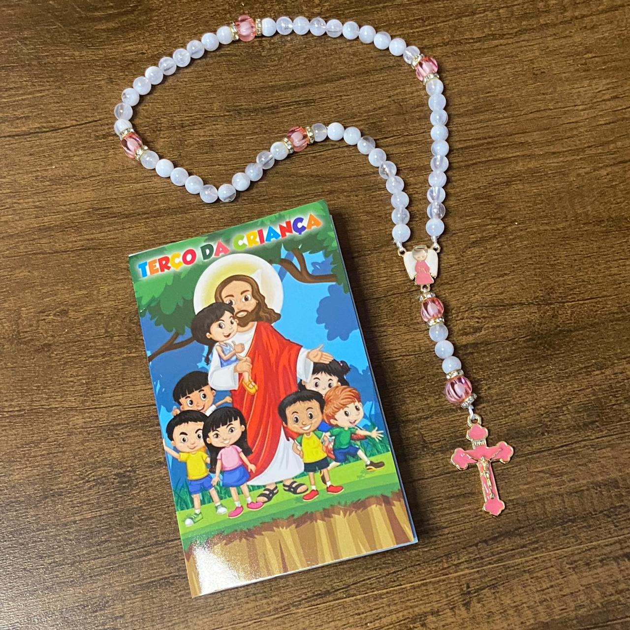TERÇO PÉROLA  COM STRASS  ANJO DA GUARDA ROSA 08MM (1 UNIDADE)