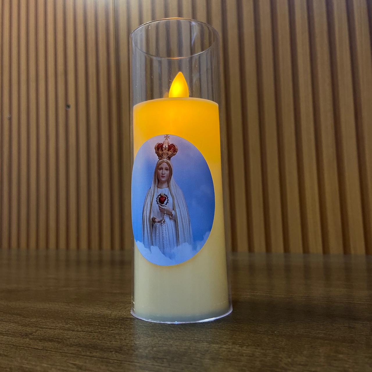 VELA ELETRÔNICA NO COPO DE ACRÍLICO NOSSA SENHORA DE FÁTIMA  15CM (1 UNIDADE)