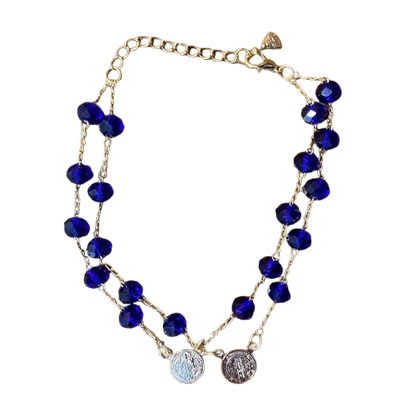 PULSEIRA ESCAPULÁRIO CRISTAL AZUL ESCURO MEDALHA SÃO BENTO  (3 UNIDADES)