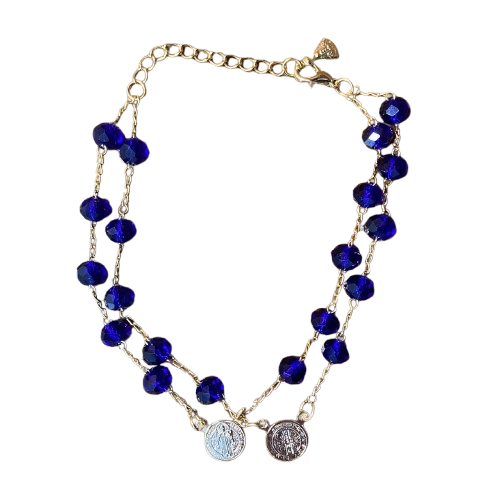 PULSEIRA ESCAPULÁRIO CRISTAL AZUL ESCURO MEDALHA SÃO BENTO  (3 UNIDADES)
