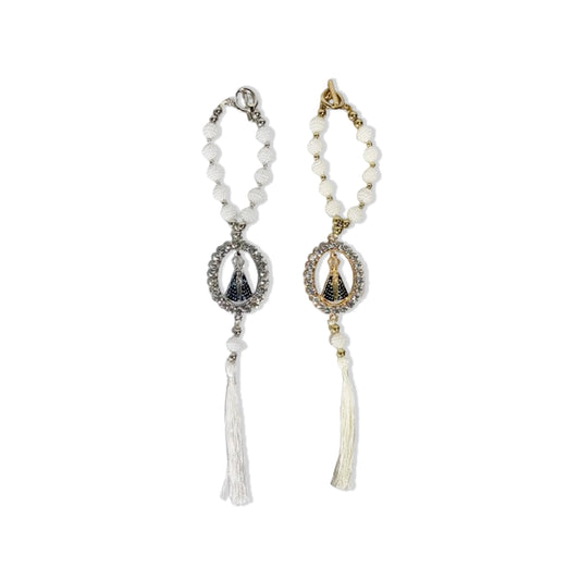 DEZENA PARA CARRO DOURADA E PRATEADA NOSSA SENHORA APARECIDA OVAL AMORA BRANCA 10MM (3 UNIDADES)