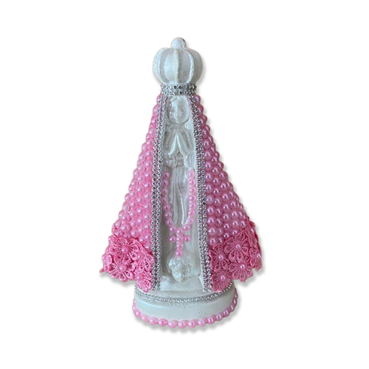 IMAGEM DE GESSO NOSSA SENHORA APARECIDA BRANCA BORDADA COM PÉROLA ROSA 22,5CM (1 UNIDADE)