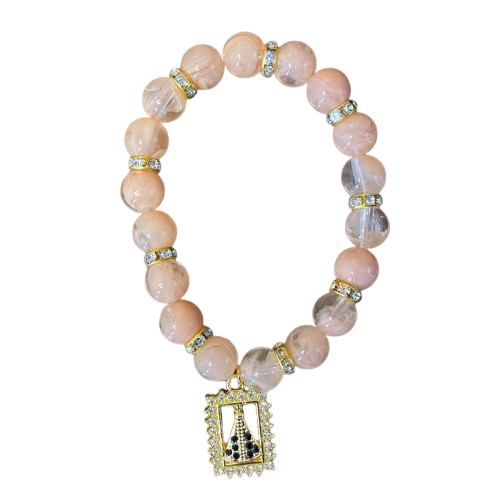 PULSEIRA PÉROLA ROSA COM PINGENTE NOSSA SENHORA APARECIDA COM STRASS 08MM  (03 UNIDADES)