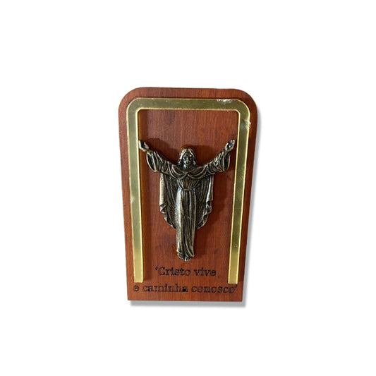 ADORNO DE MESA MADEIRA COM ORAÇÃO JESUS RESSUSCITADO METAL OURO VELHO 13,5CM (1 UNIDADE)