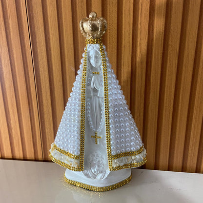 IMAGEM DE GESSO NOSSA SENHORA APARECIDA BRANCA PÉROLA BRANCA COM STRASS 26,5CM (1 UNIDADE)