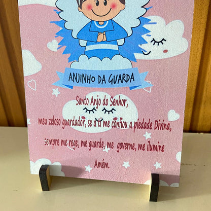PLAQUINHA DE MESA MDF RESINADO ANJINHO DA GUARDA ROSA  19CM x 13CM  (1 UNIDADE)