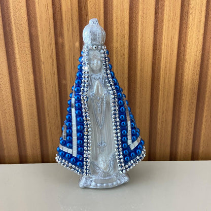 IMAGEM DE GESSO NOSSA SENHORA APARECIDA AZUL COM MANTO ESPELHADO 14CM (1 UNIDADE)