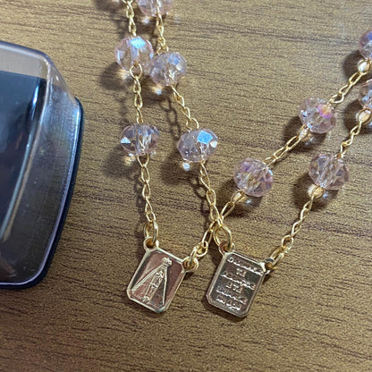 PULSEIRA ESCAPULARIO CRISTAL ROSA TRANSPARENTE (3 UNIDADES)