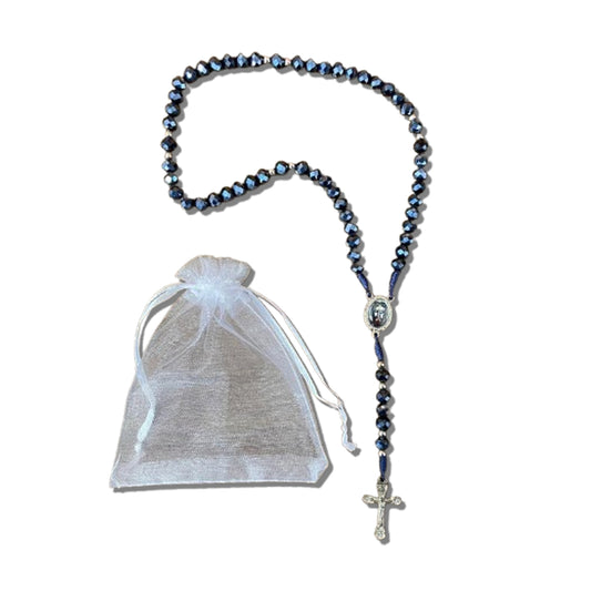 TERÇO CRISTAL AZUL PETRÓLEO SAGRADA FACE 8MM (1 UNIDADE)