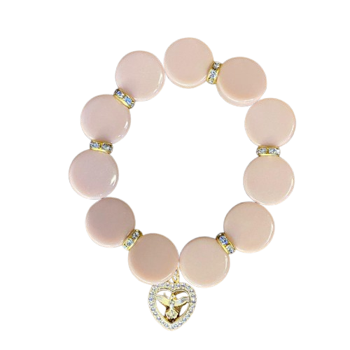 PULSEIRA ACRÍLICA ROSÉ COM MEDALHA DIVINO ESPÍRITO SANTO COM STRASS (03 UNIDADES)
