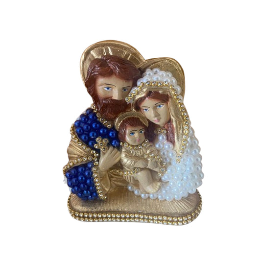 BUSTO DE GESSO SAGRADA FAMÍLIA COLORIDO COM PÉROLA E STRASS 13CM MOD 1 (1 UNIDADE)