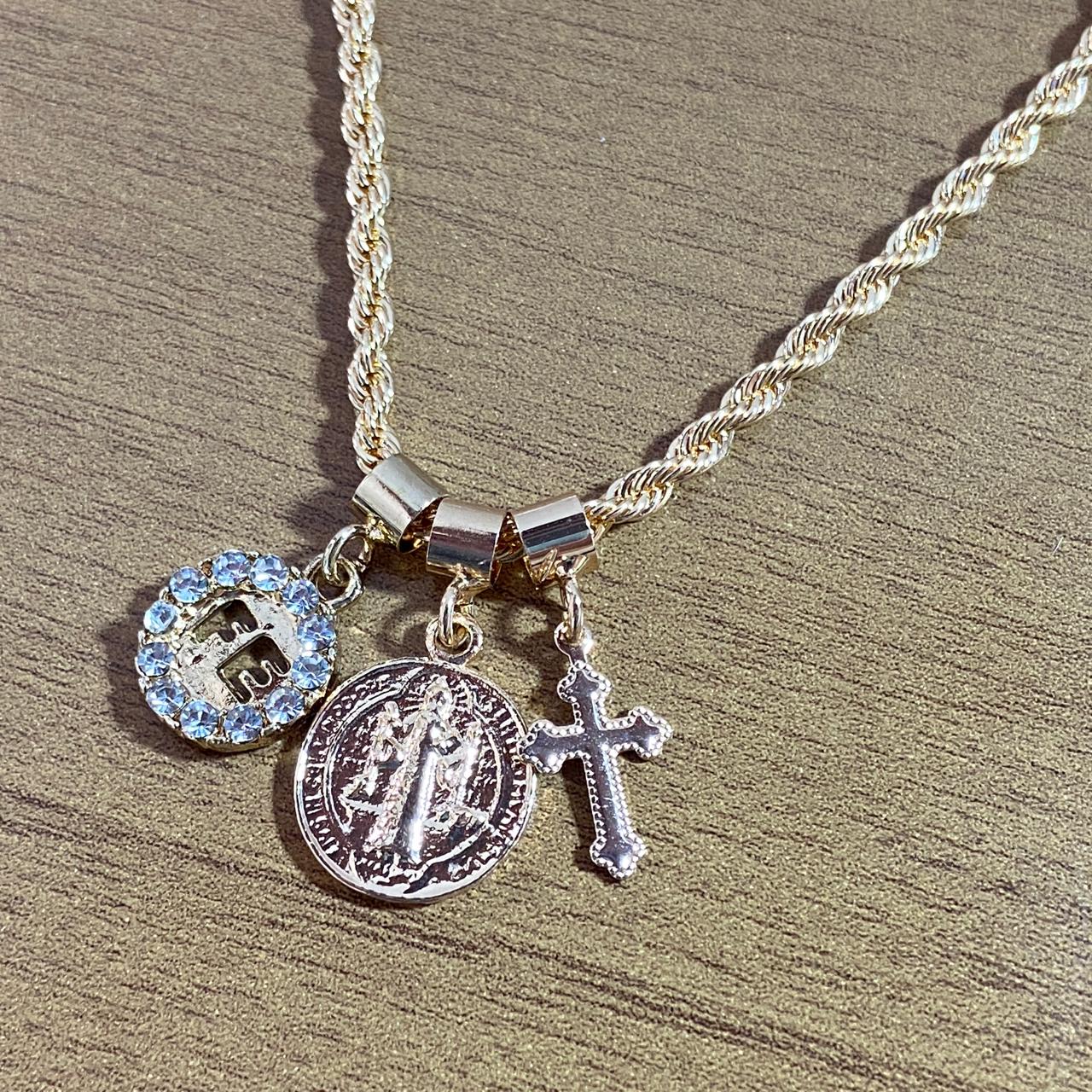 PULSEIRA DOURADA MEDALHA SÃO BENTO E FÉ (6 UNIDADES)