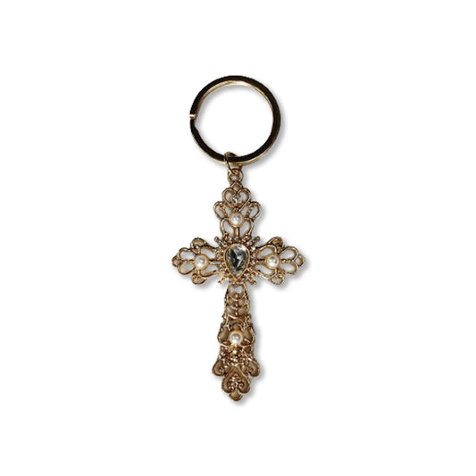 CHAVEIRO DOURADO CRUCIFIXO COM STRASS E PÉROLA (6UNIDADES)