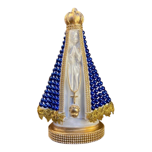 IMAGEM DE GESSO NOSSA SENHORA APARECIDA BRANCA BORDADA COM PÉROLA AZUL 22,5CM MOD 2 (1 UNIDADE)