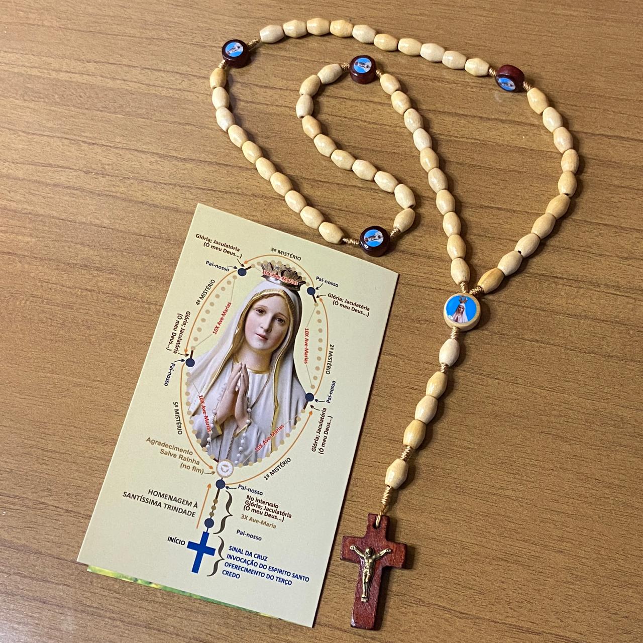 TERÇO DE MADEIRA NOSSA SENHORA DE FÁTIMA 5 MEDALHAS 08MM (3 UNIDADES)