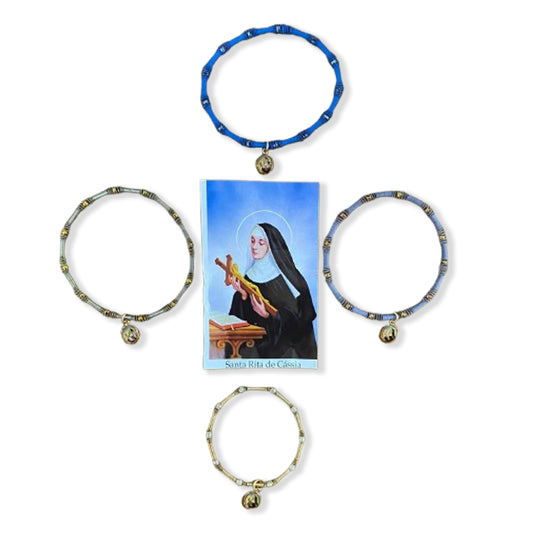 PULSEIRA DE MOLA COM MEDALHA SANTA RITA DE CÁSSA CORES SORTIDAS  (3 UNIDADES)