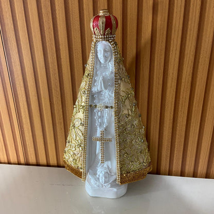 IMAGEM DE GESSO NOSSA SENHORA APARECIDA BRANCA MANTO DOURADO COM STRASS MOD1 31CM (1 UNIDADE)