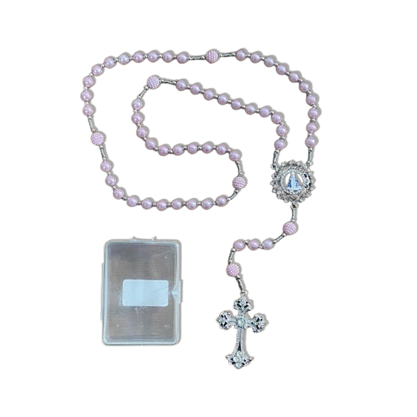 TERÇO DE NOIVA PRATEADO PÉROLA ROSA NOSSA SENHORA APARECIDA 08MM (1 UNIDADE)