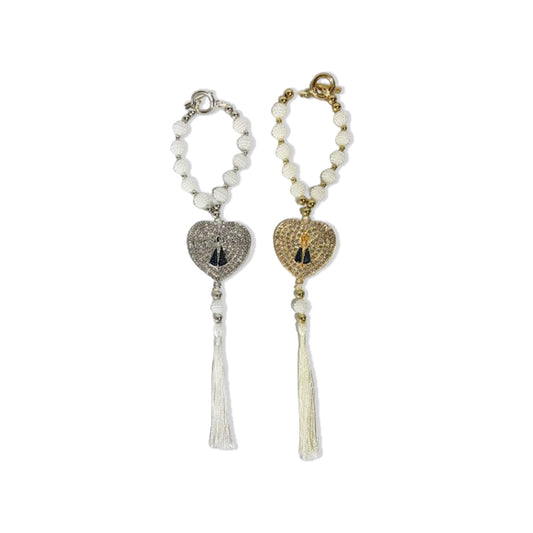 DEZENA PARA CARRO DOURADA E PRATEADA NOSSA SENHORA APARECIDA CORAÇÃO AMORA BRANCA 10MM (3 UNIDADES)